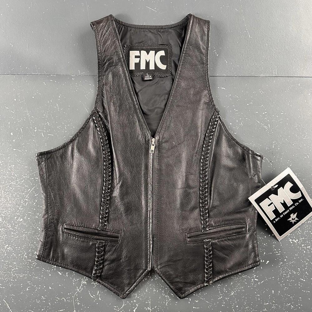 VTG FMC Leather Waist Coat Youth Girls Large Black Zip Moto Biker Western NWT